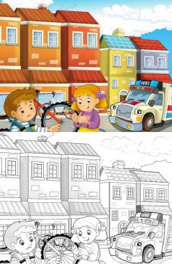 Bisiklet kazası ve ambulans yardımcı olmak için - illüstrasyon çocuklar için geliyor sonra çocuklarla çizgi film sahne