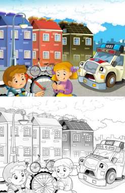 Bisiklet kazası ve ambulans yardımcı olmak için - illüstrasyon çocuklar için geliyor sonra çocuklarla çizgi film sahne