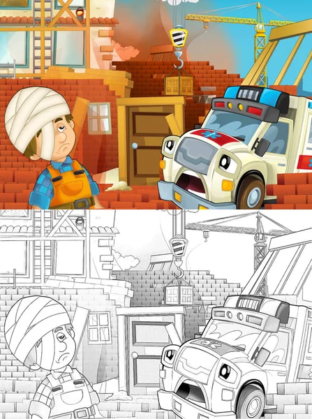 Cartoon Illustration Ambulance Truck Work Helping Accident Construction Site Illustration — Stock Photo, Image