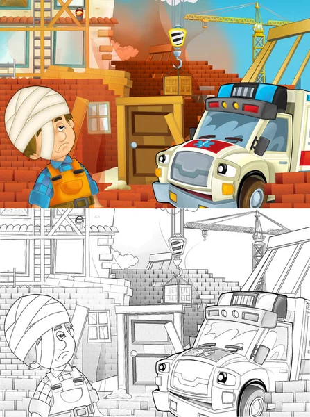 Cartoon Illustration Ambulance Truck Work Helping Accident Construction Site Illustration — Stock Photo, Image
