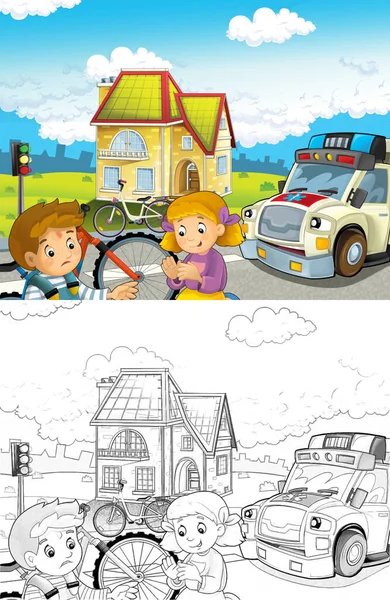 Cartoon Scene Kids Bicycle Accident Ambulance Coming Help Illustration Children — Stock Photo, Image