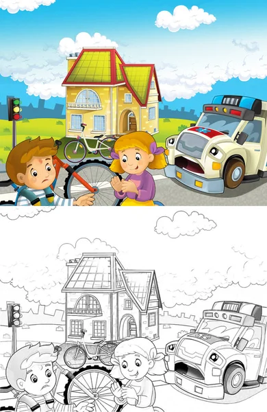 Scena Del Cartone Animato Con Bambini Dopo Incidente Bicicletta Ambulanza — Foto Stock