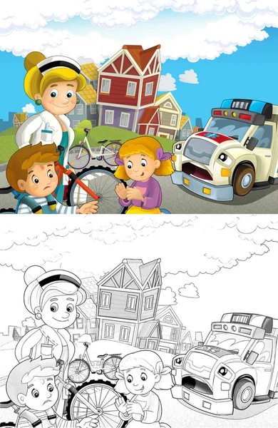 ヘルプ 子供のための図に来ている医者および救急車自転車事故後の子供たちの漫画シーン — ストック写真