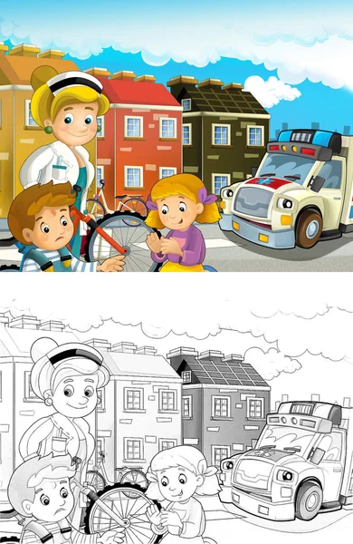Cena Dos Desenhos Animados Com Crianças Após Acidente Bicicleta Ambulância — Fotografia de Stock