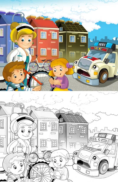 Karikaturenszene Mit Kindern Nach Fahrradunfall Krankenwagen Und Arzt Kommen Hilfe — Stockfoto