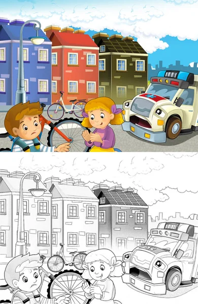 Cartoon Scen Med Barnen Efter Cykel Olycka Och Ambulans Kommer — Stockfoto