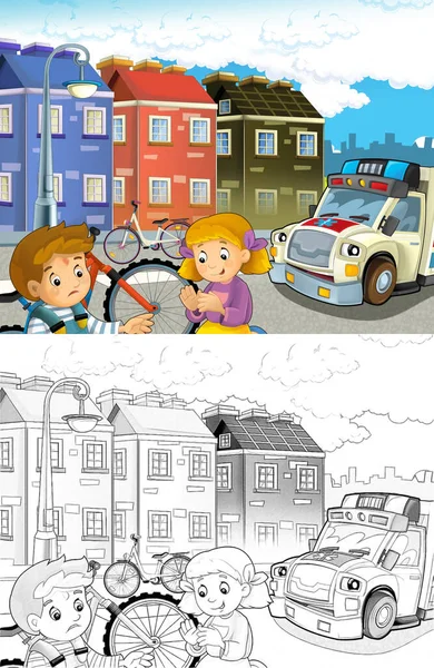 自転車事故とヘルプ 子供のための図に来て救急車の後の子供たちの漫画シーン — ストック写真