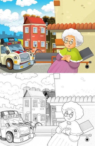 Cartoon Scène Stad Met Arts Auto Gelukkig Ambulance Illustratie Voor — Stockfoto