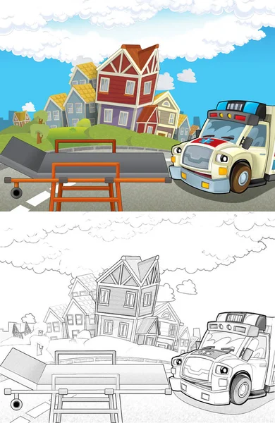 Kreskówka Scena Mieście Lekarzem Samochód Szczęśliwy Karetka Ilustracja Dla Dzieci — Zdjęcie stockowe