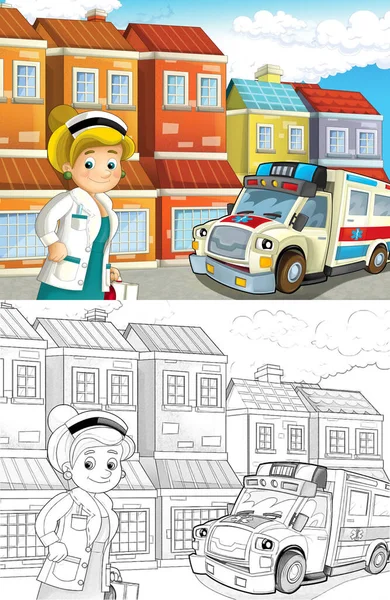 Kreskówka Scena Mieście Lekarzem Samochód Szczęśliwy Karetka Ilustracja Dla Dzieci — Zdjęcie stockowe