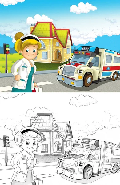 Cartoon Scene City Doctor Car Happy Ambulance Illustration Children — Stock Photo, Image