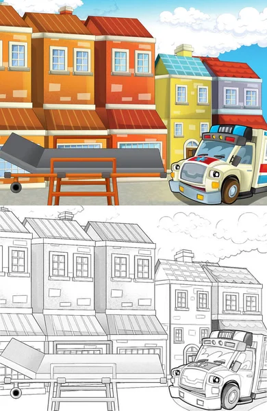 Cartoon Szene Der Stadt Mit Krankenwagen Glücklich Illustration Für Kinder — Stockfoto