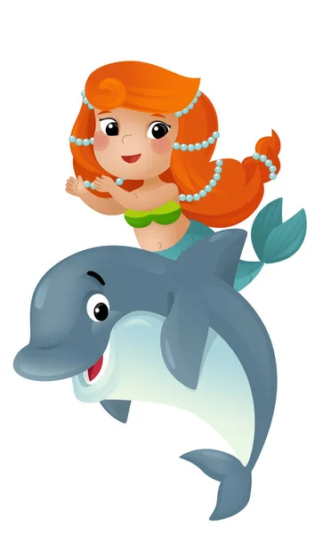 cartoon scene with mermaid princess and dolphin swimming together having fun isolated illustration for kids