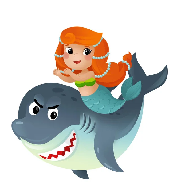 cartoon scene with mermaid princess and dolphin swimming together having fun isolated illustration for kids