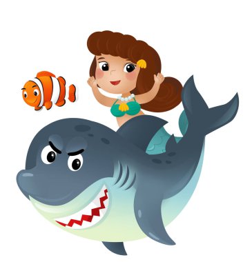 Denizkızı ve yunusların birlikte yüzdüğü çizgi film sahnesi çocuklar için izole edilmiş eğlenceli bir illüstrasyon.