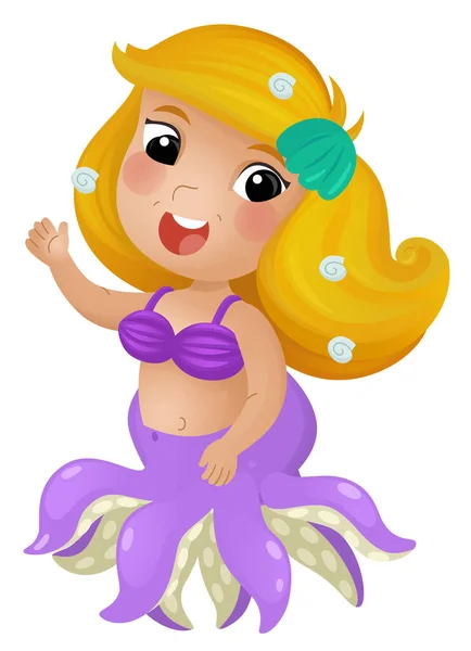 Escena Dibujos Animados Con Feliz Joven Sirena Pulpo Nadando Sobre — Foto de Stock