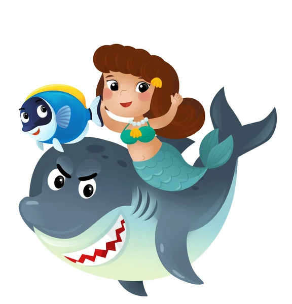 cartoon scene with mermaid princess and dolphin swimming together having fun isolated illustration for children