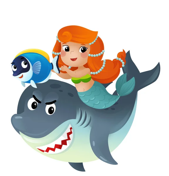 cartoon scene with mermaid princess and dolphin swimming together having fun isolated illustration for children