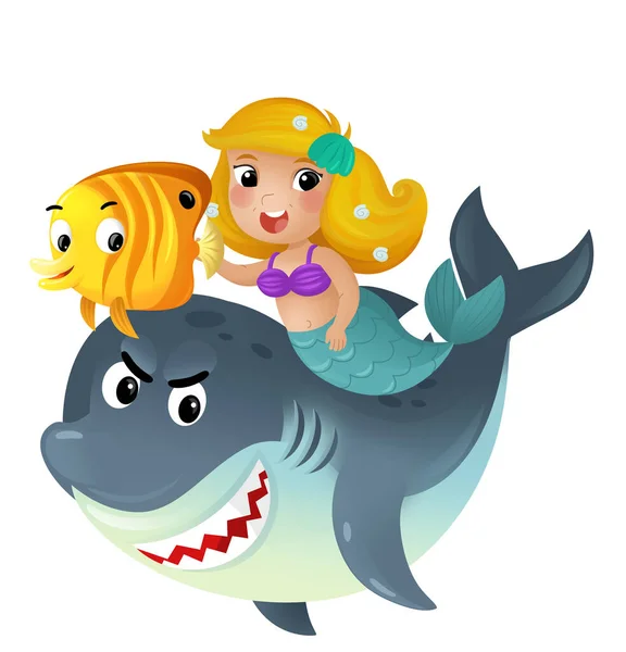 人魚姫とイルカが一緒に泳ぐ漫画シーンは子供のための楽しい孤立したイラストを持っています — ストック写真