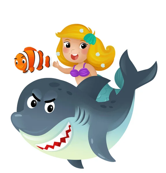 stock image cartoon scene with mermaid princess and dolphin swimming together having fun isolated illustration for children