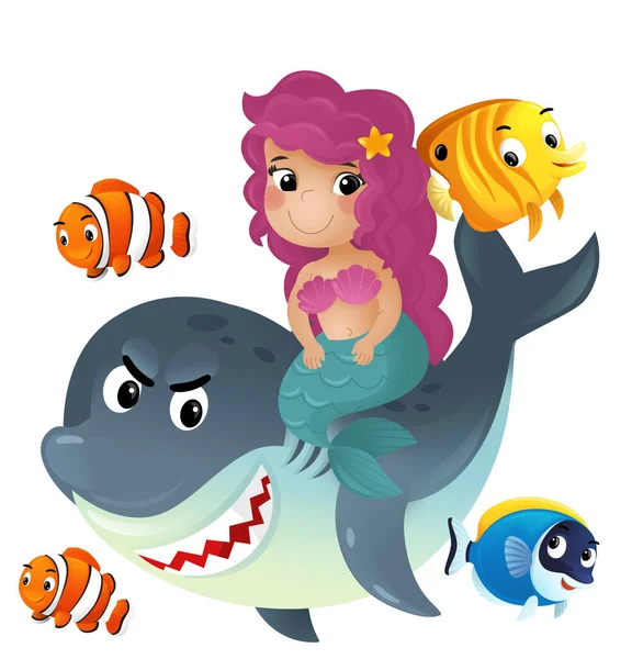 Cena Dos Desenhos Animados Com Sereia Princesa Tubarão Nadando Juntos — Fotografia de Stock