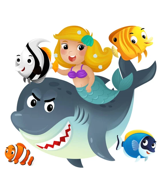 cartoon scene with mermaid princess and shark swimming together having fun with coral reef fishes isolated illustration for children