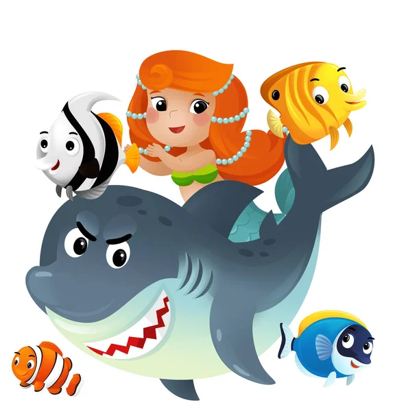 cartoon scene with mermaid princess and shark swimming together having fun with coral reef fishes isolated illustration for children