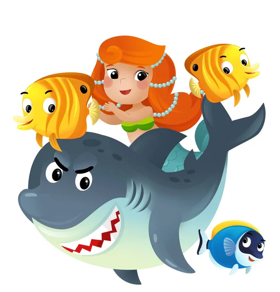 Cena Dos Desenhos Animados Com Sereia Princesa Tubarão Nadando Juntos — Fotografia de Stock