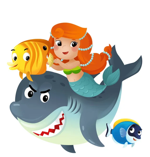 Cartoon Scene Mermaid Princess Shark Swimming Together Having Fun Coral — Stock Photo, Image