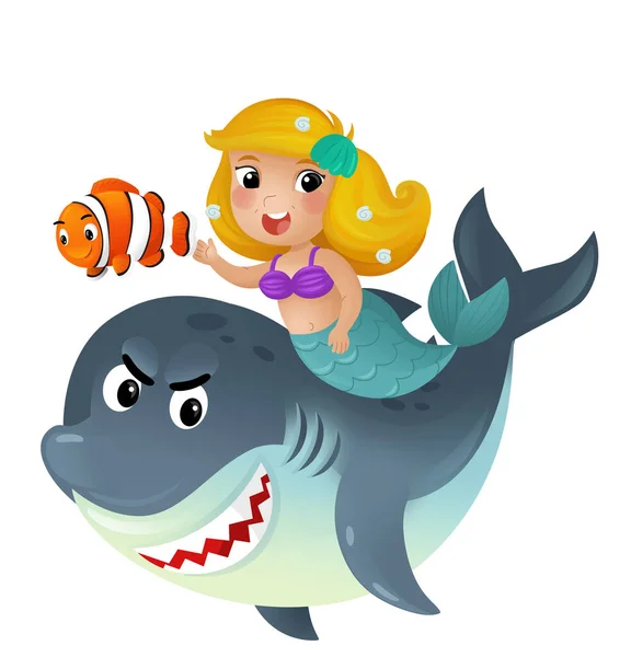人魚姫とサメと一緒に泳ぐ漫画のシーンは 子供のためのサンゴ礁魚の孤立したイラストを楽しんでいます — ストック写真