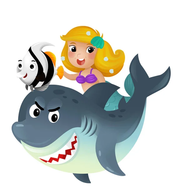 Cartoon Scene Met Zeemeermin Prinses Haai Zwemmen Samen Plezier Met — Stockfoto