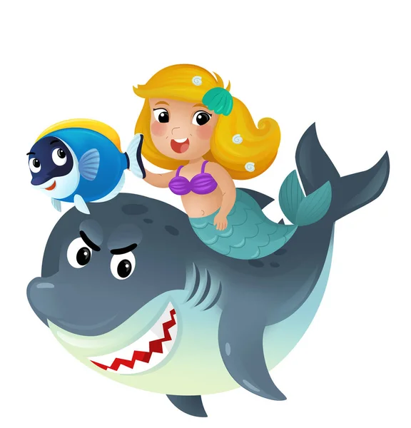 stock image cartoon scene with mermaid princess and shark swimming together having fun with coral reef fishes isolated illustration for children