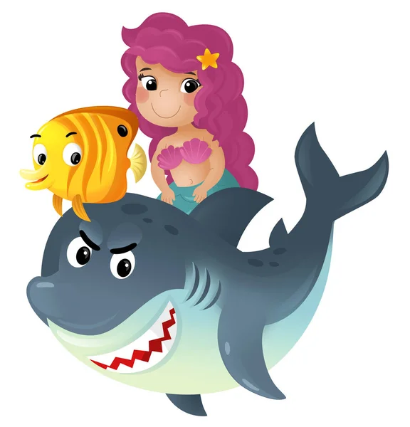 Escena Dibujos Animados Con Princesa Sirena Tiburón Nadando Juntos Divirtiéndose — Foto de Stock