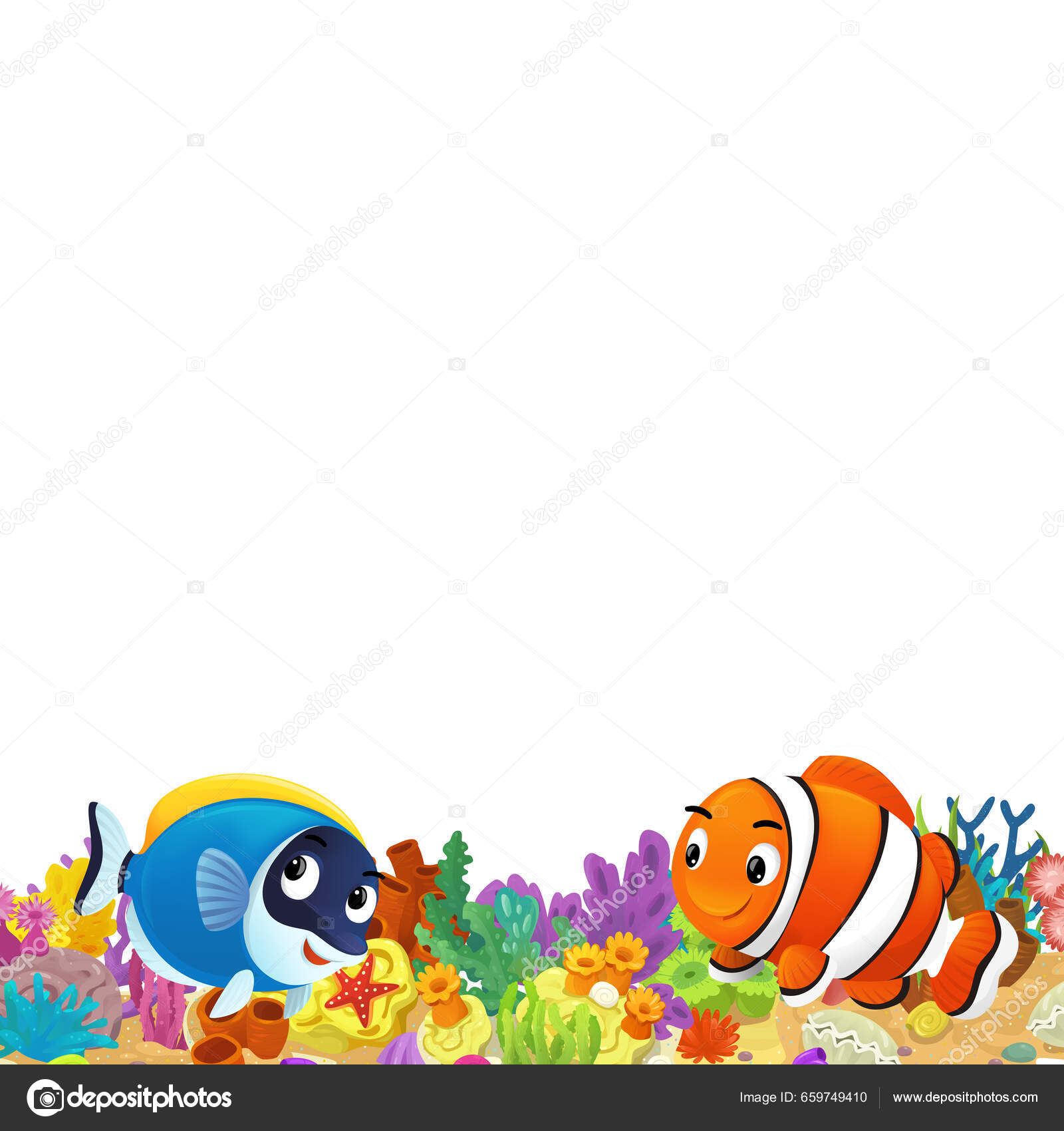 Cartoon Scene Coral Reef Happy Fishes Swimming Isolated Illustration ...