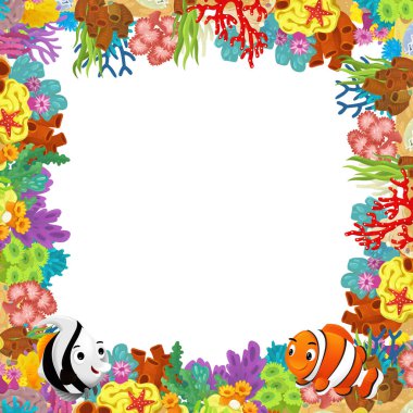 Mercan resifli karikatür sahnesi ve çocuklar için izole edilmiş resimlerin yakınında yüzen mutlu balıklar.