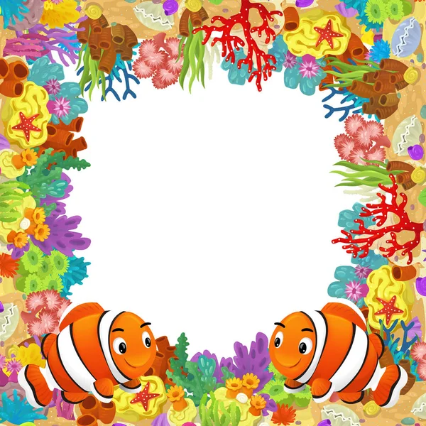 Мультяшная Сцена Коралловым Рифом Счастливыми Рыбами Плавающими Рядом Изолированной Иллюстрацией — стоковое фото