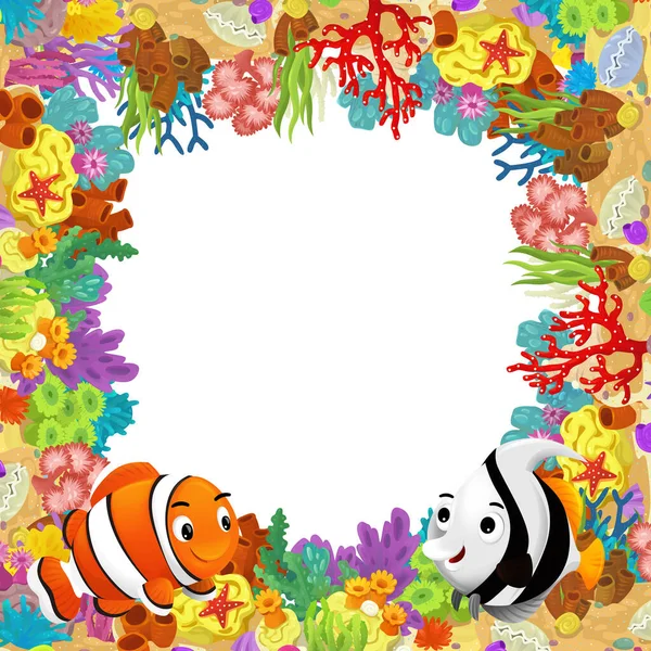 Cartoon Szene Mit Korallenriff Und Glücklichen Fischen Beim Schwimmen Der — Stockfoto
