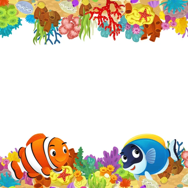 Scena Kreskówki Rafą Koralową Szczęśliwe Ryby Pływanie Pobliżu Izolowanej Ilustracji — Zdjęcie stockowe