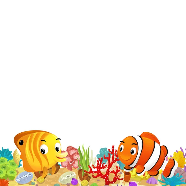 サンゴ礁と幸せな魚が孤立した子供のためのイラストの近くで泳いでいる漫画シーン — ストック写真