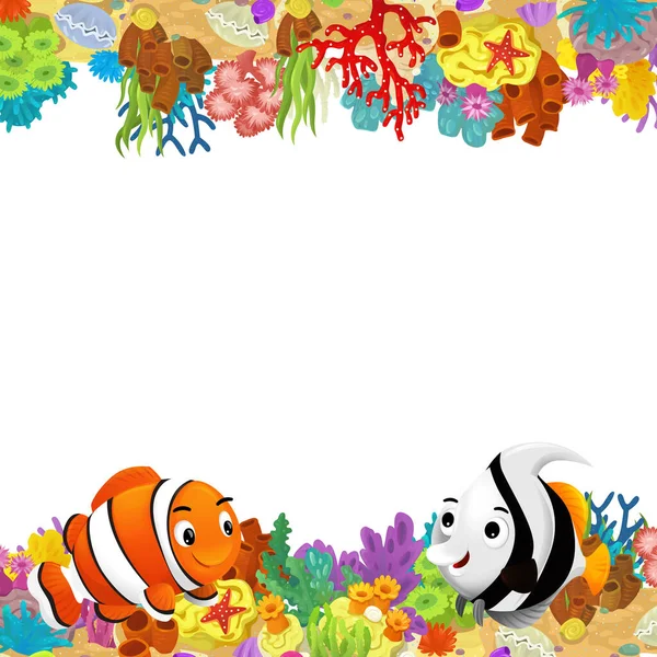 Cartoon Scene Coral Reef Happy Fishes Swimming Isolated Illustration Kids — Stock Photo, Image