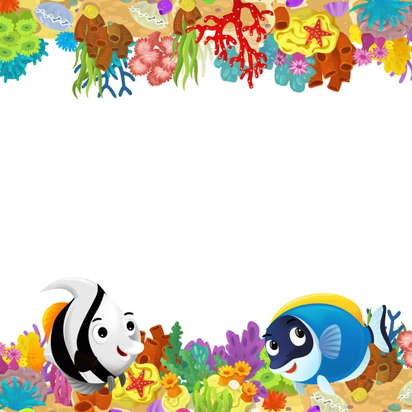 Rajzfilm Jelenet Korallzátony Boldog Halak Úszás Közelében Elszigetelt Illusztráció Gyerekeknek — Stock Fotó