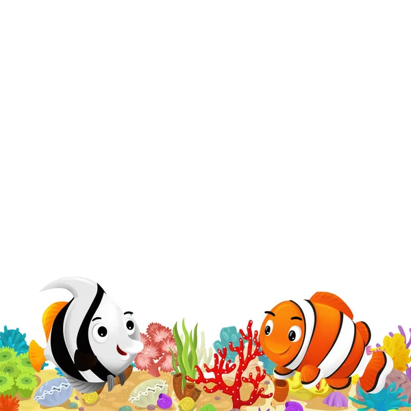 Escena Dibujos Animados Con Arrecife Coral Peces Felices Nadando Cerca — Foto de Stock
