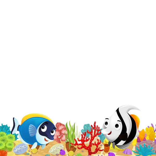 Kreslená Scéna Korálovým Útesem Šťastné Ryby Plavání Blízkosti Izolované Ilustrace — Stock fotografie