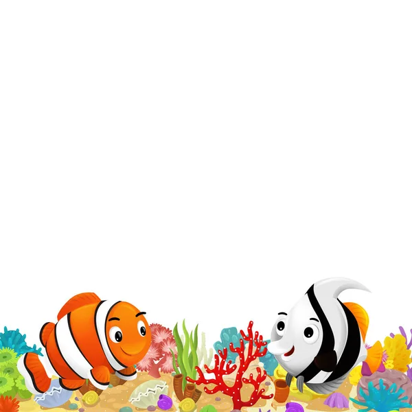 cartoon scene with coral reef and happy fishes swimming near isolated illustration for kids