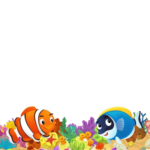 stock image cartoon scene with coral reef and happy fishes swimming near isolated illustration for kids