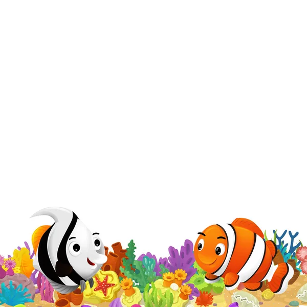 Cena Dos Desenhos Animados Com Recife Coral Peixes Felizes Nadando — Fotografia de Stock