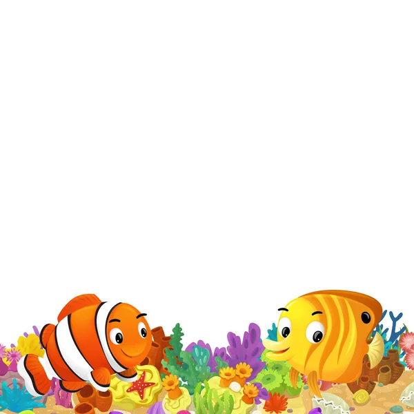 Scena Dei Cartoni Animati Con Barriera Corallina Pesci Felici Nuotare — Foto Stock
