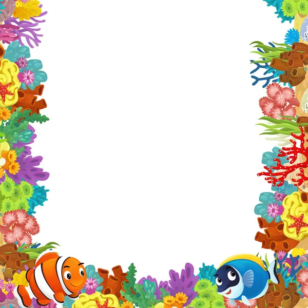 卡通片中 珊瑚礁和快乐的鱼在孤零零的图画边游动 给孩子们看 — 图库照片