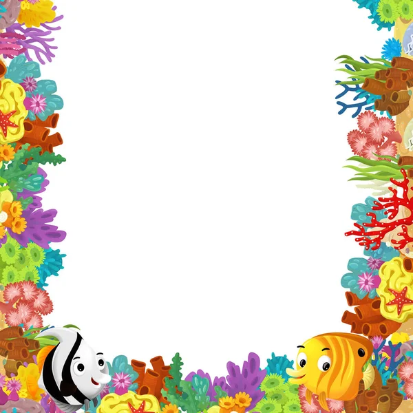 Escena Dibujos Animados Con Arrecife Coral Peces Felices Nadando Cerca — Foto de Stock