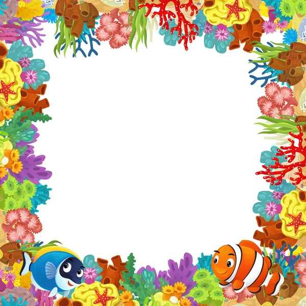 サンゴ礁と幸せな魚が孤立した子供のためのイラストの近くで泳いでいる漫画シーン — ストック写真